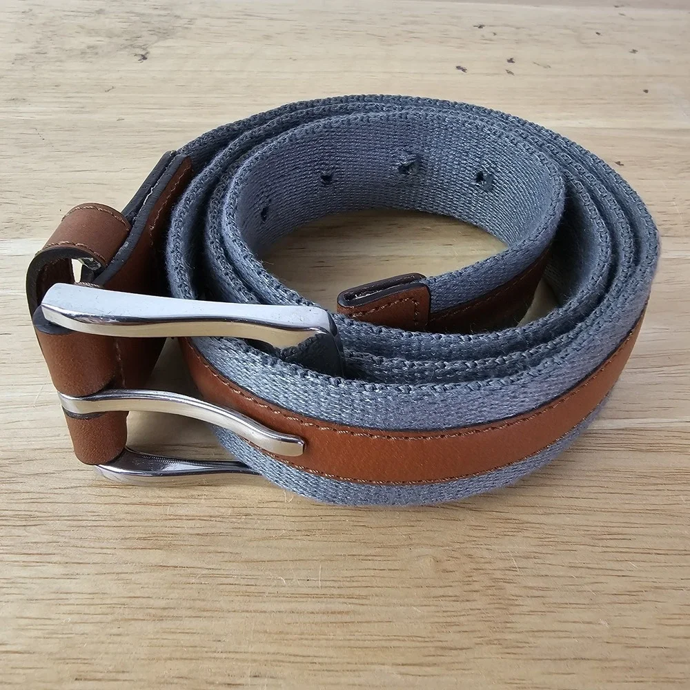 Florsheim Mens Brown Leather Gray Cotton Belt 42 Silvertone Buckle Preppy Office